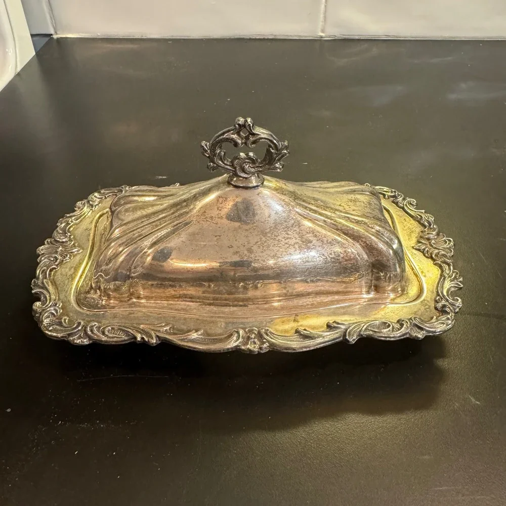 Butter Dish Silver Ornate Scroll Victorian Silver Plate Tray & Lid